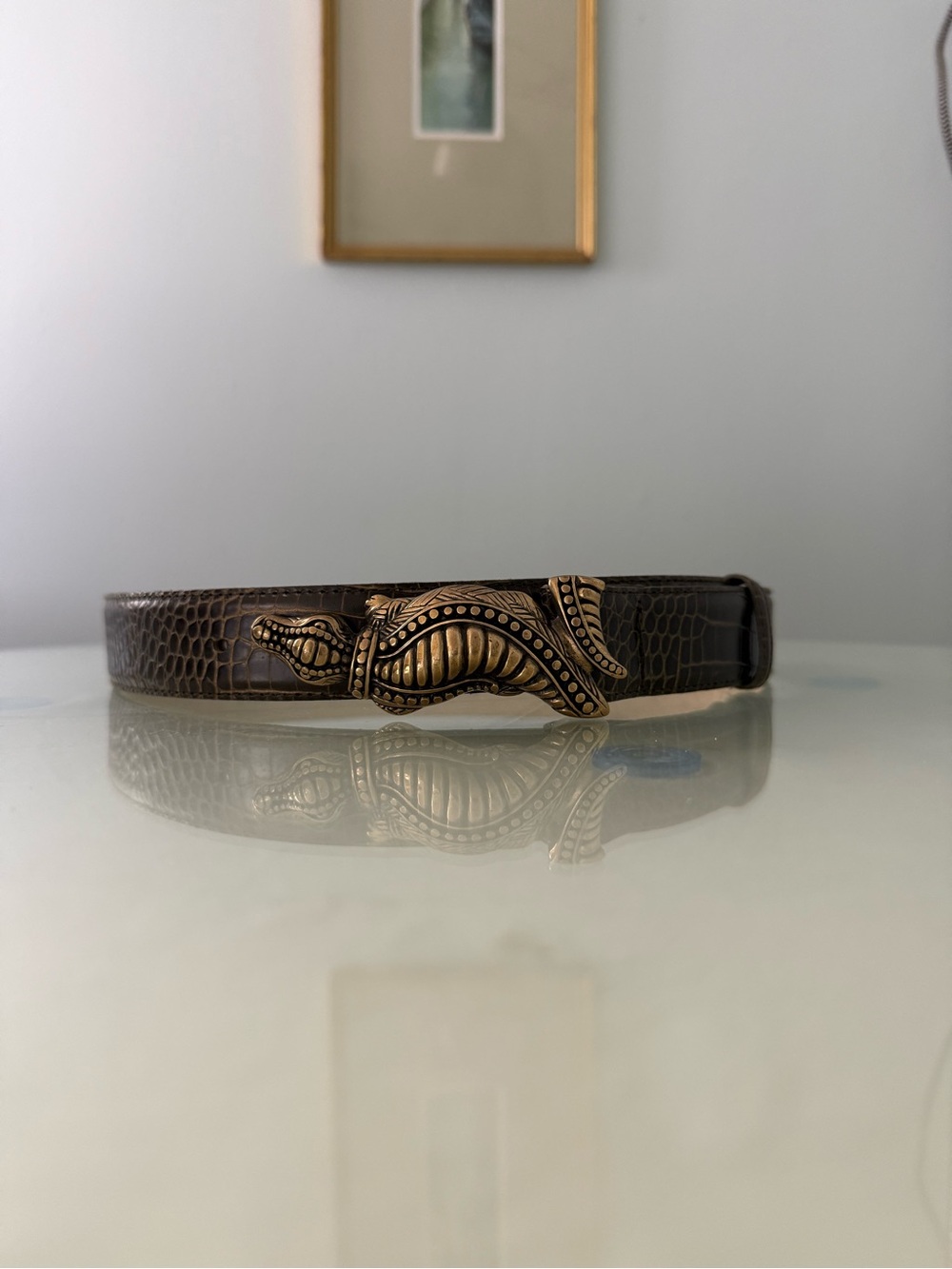 Leather Belt with Decorative Gold Aligator Accent - Brown